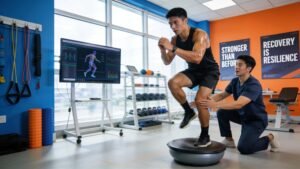 Athlete receiving sports physiotherapy in a clinic, highlighting rehabilitation services and personalized care