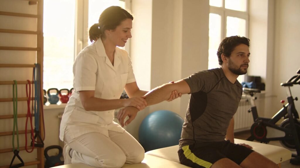 Physiotherapist assessing patient's arm movement in Active Therapy Clinic rehabilitation setting.