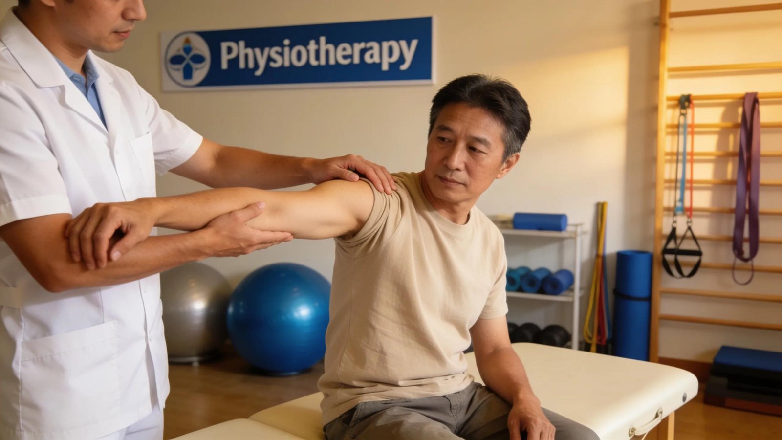 A physiotherapist evaluating a patient's mobility in a supportive environment