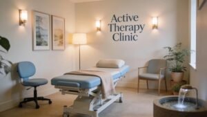 Comfortable therapy room designed for chronic pain relief, showcasing treatment equipment and a serene ambiance