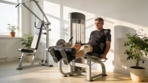 Patient performing knee rehabilitation exercises in a bright therapy room, emphasizing post-surgical recovery and rehabilitation.