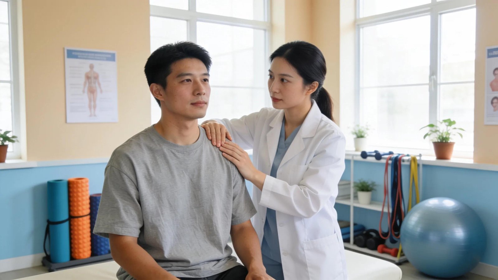 Therapist performing manual therapy on a patient in a physiotherapy clinic