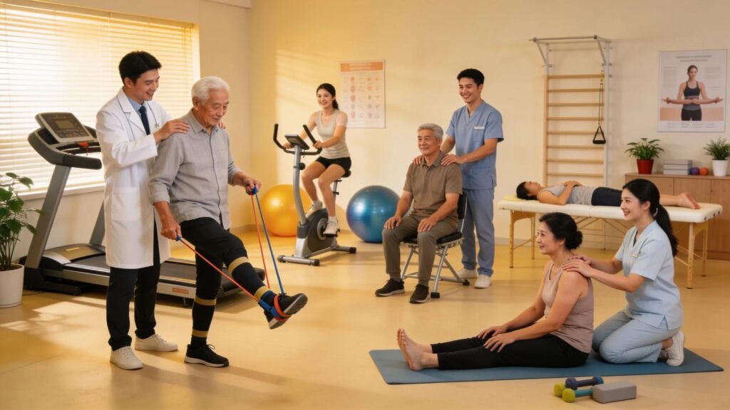Physiotherapy clinic with patients and therapists engaging in rehabilitation activities