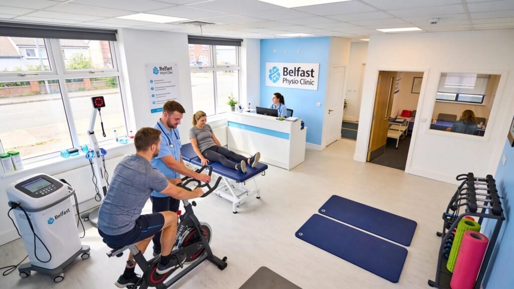 Modern physiotherapy clinic in Northern Ireland with patients and therapists in a supportive environment
