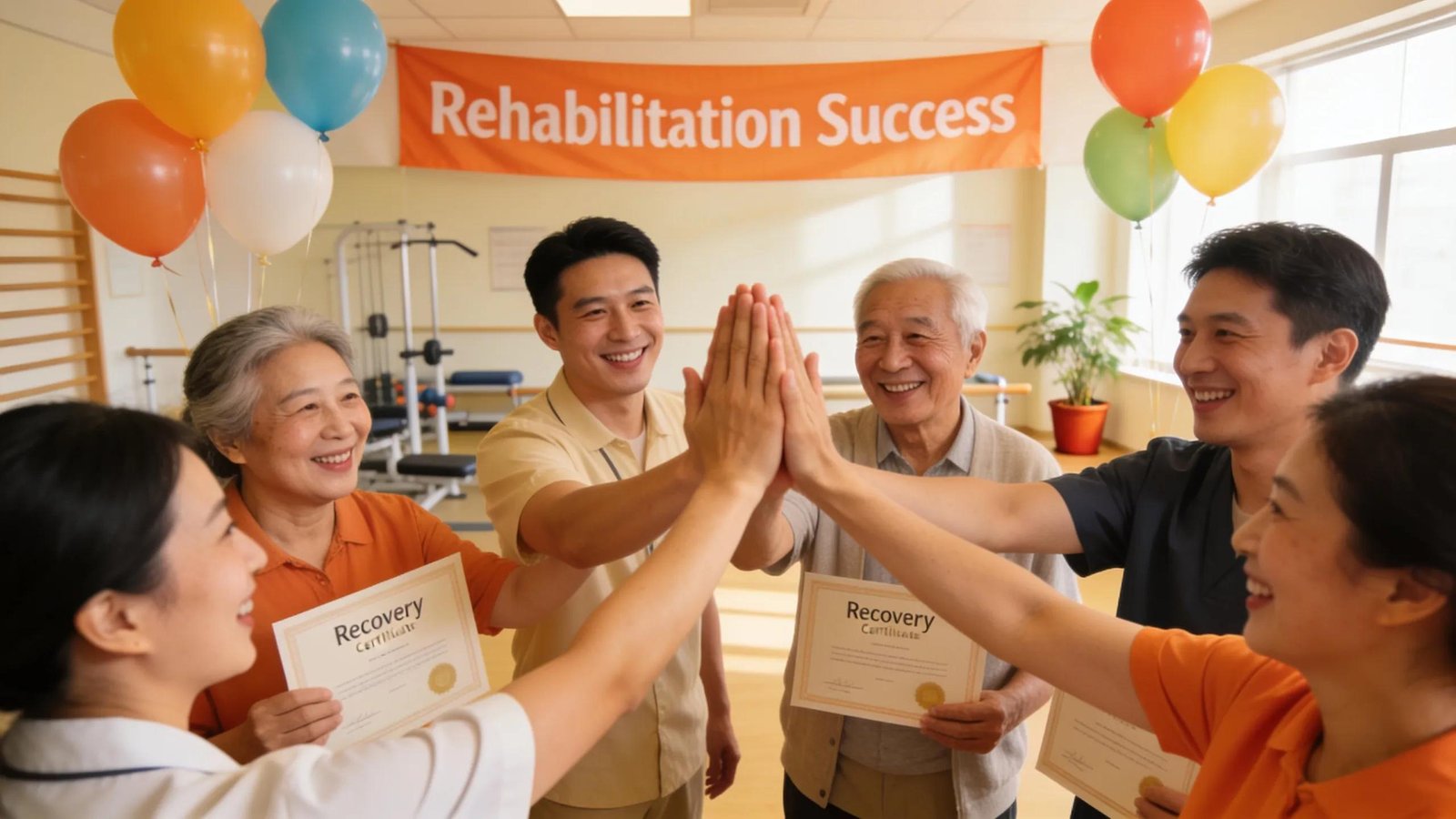 Group of happy patients and therapists celebrating rehabilitation successes