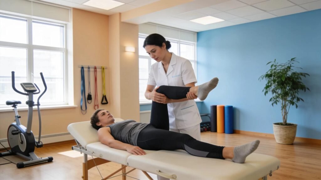 Interior of a modern physiotherapy clinic with a therapist helping a patient