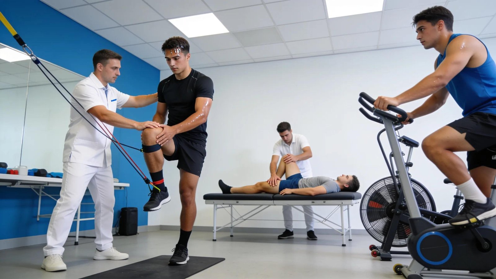 Athletes undergoing various rehabilitation activities in a sports injury clinic