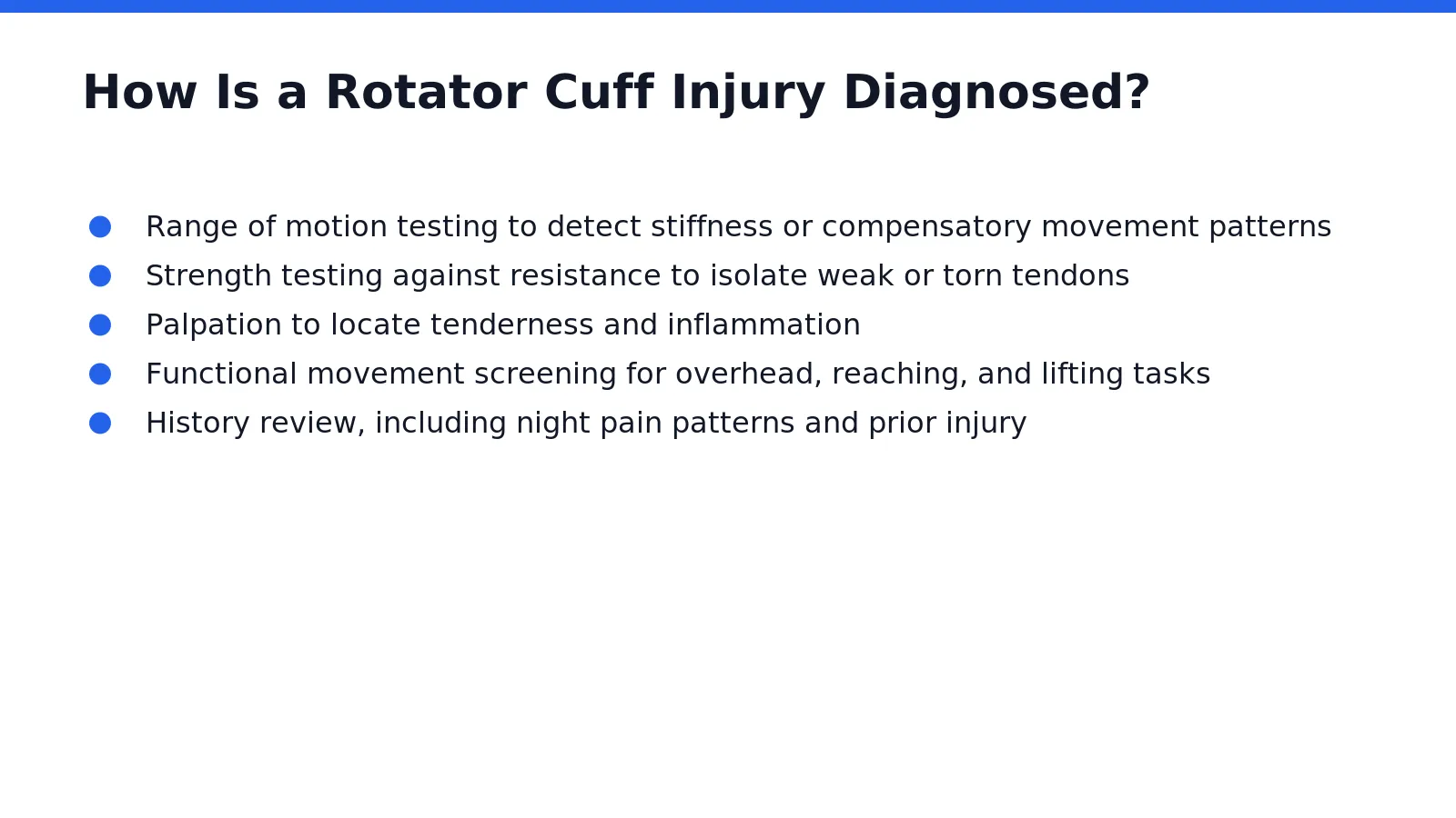 Diagnosis starts with a structured clinical assessment, not guesswork. A qualified physiotherapist examines shoulder